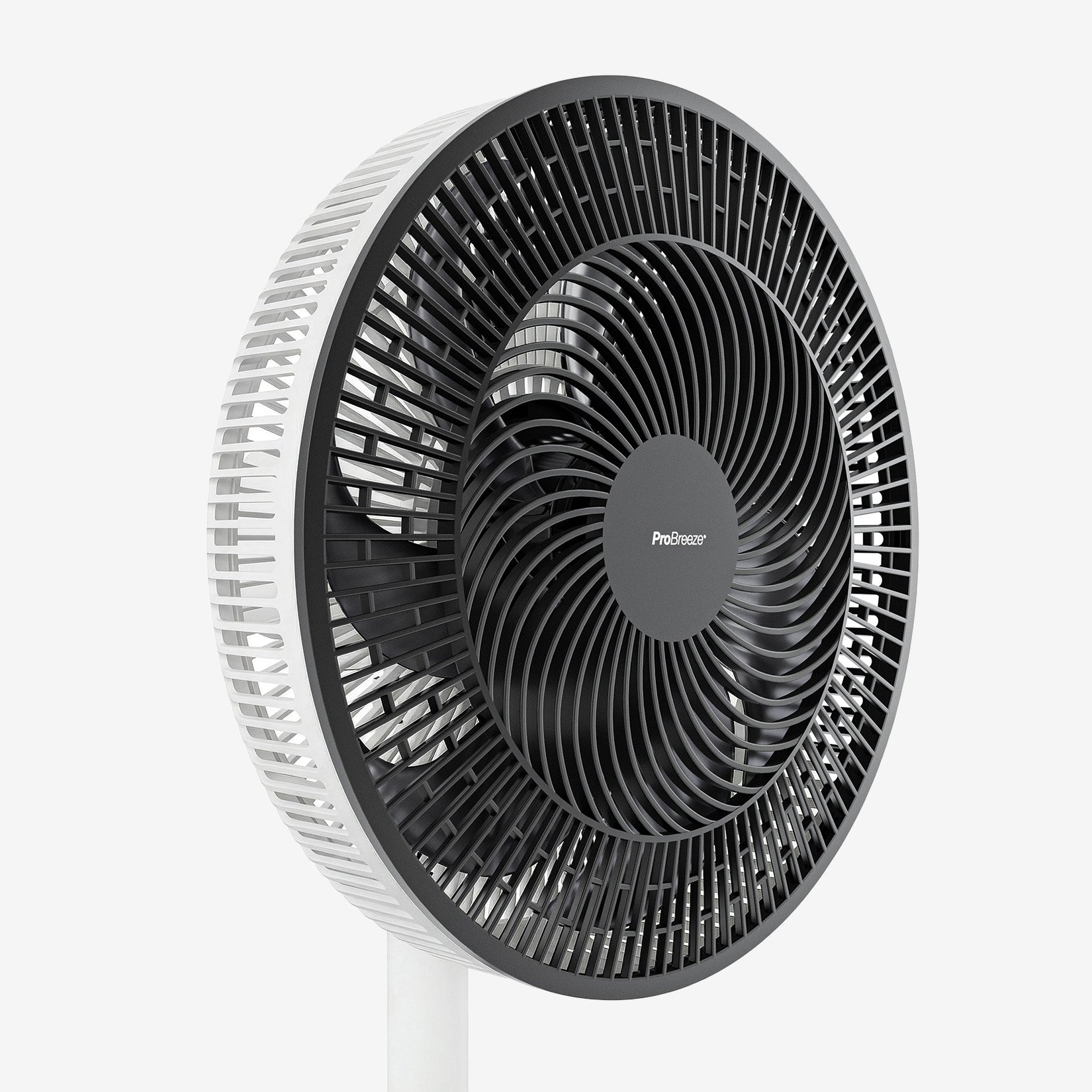 Black and white oscillating fan on a white background