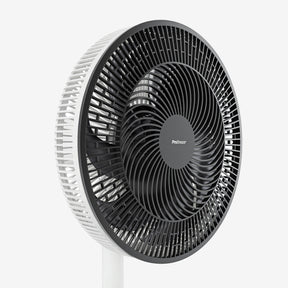 Black and white oscillating fan on a white background