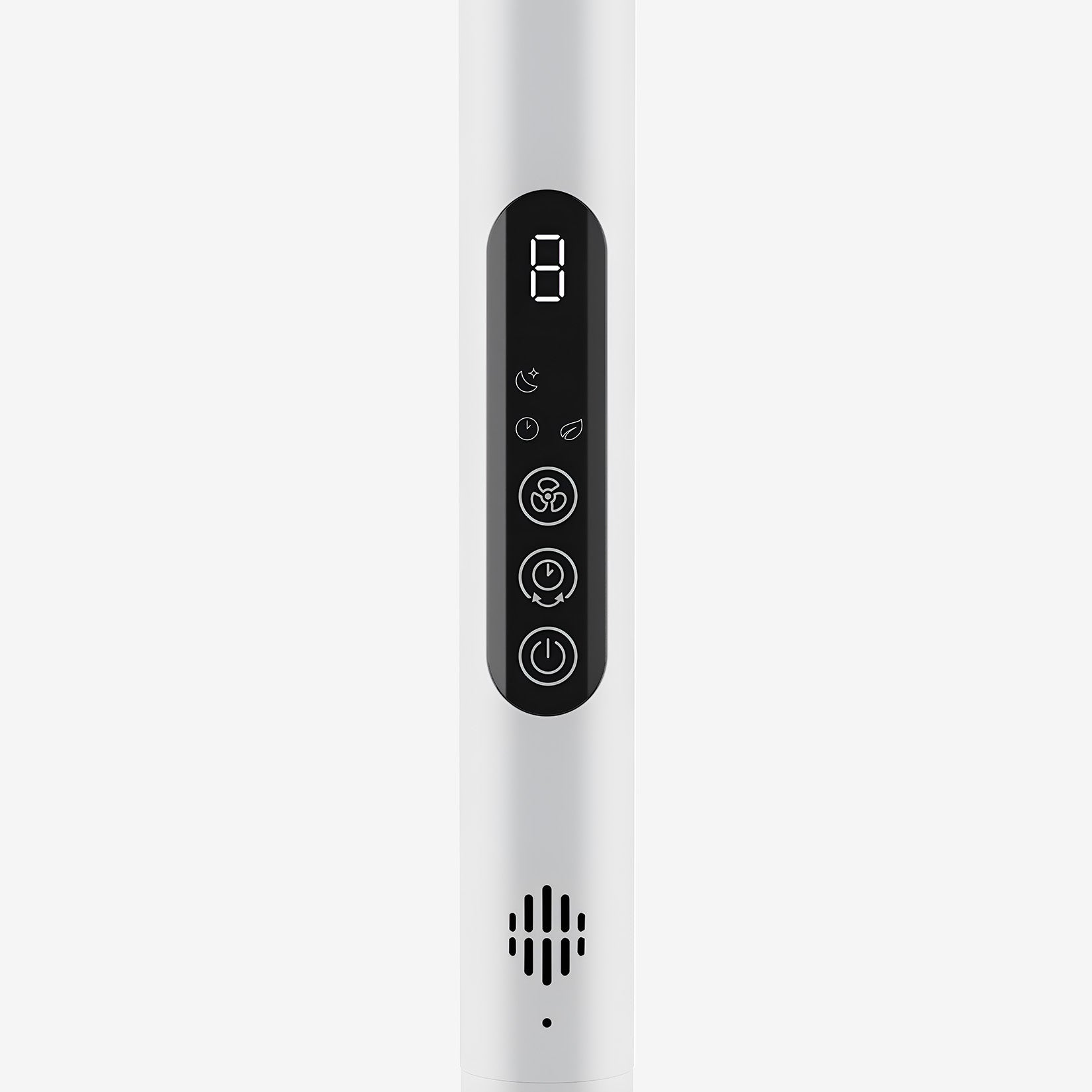 A close-up of a white cylindrical device with a black vertical control panel featuring a digital display and four circular buttons, set against a light gray background.