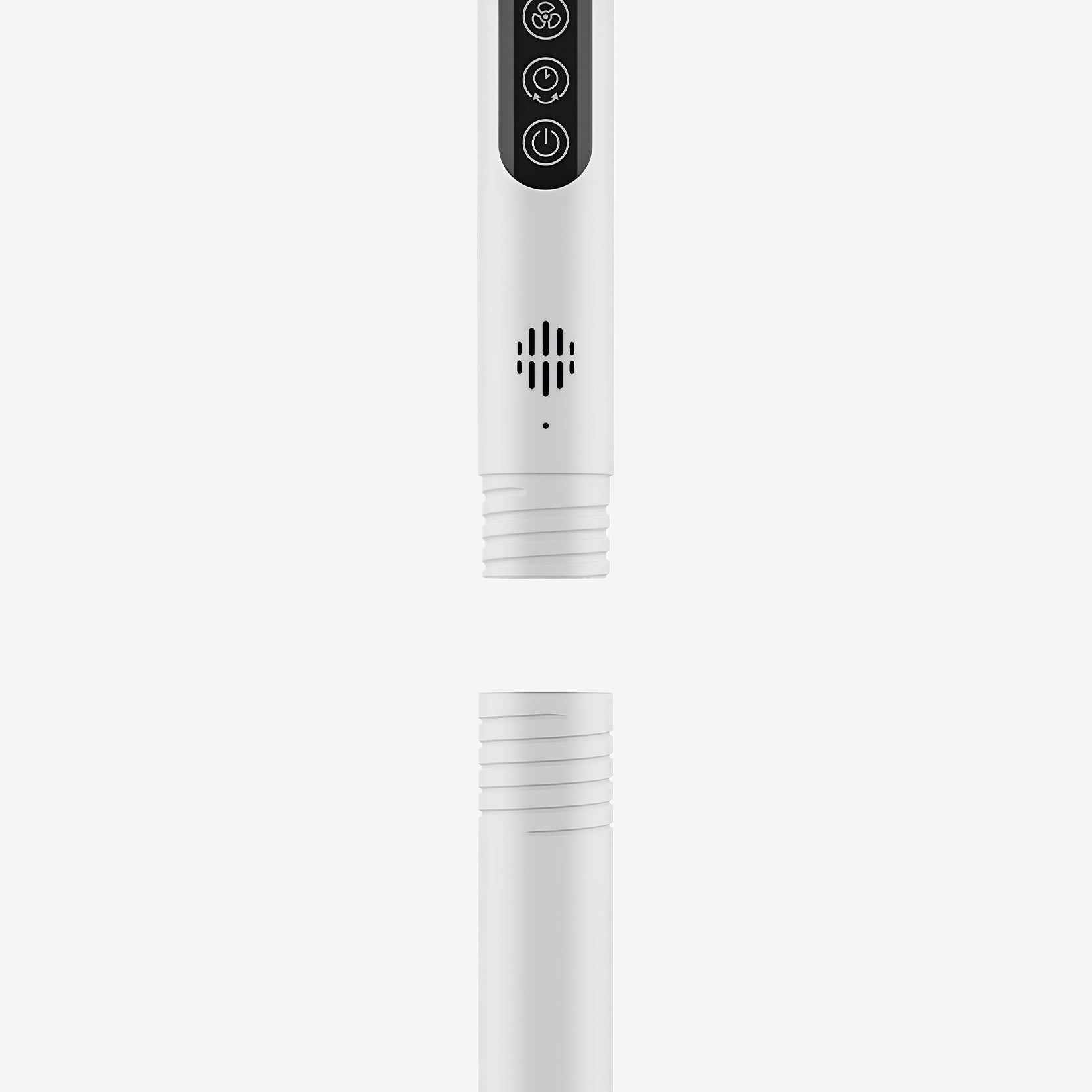 A white electronic device with a black control panel showing three icons, displayed in a split view with the top section above a matching white cylindrical base on a light gray background.