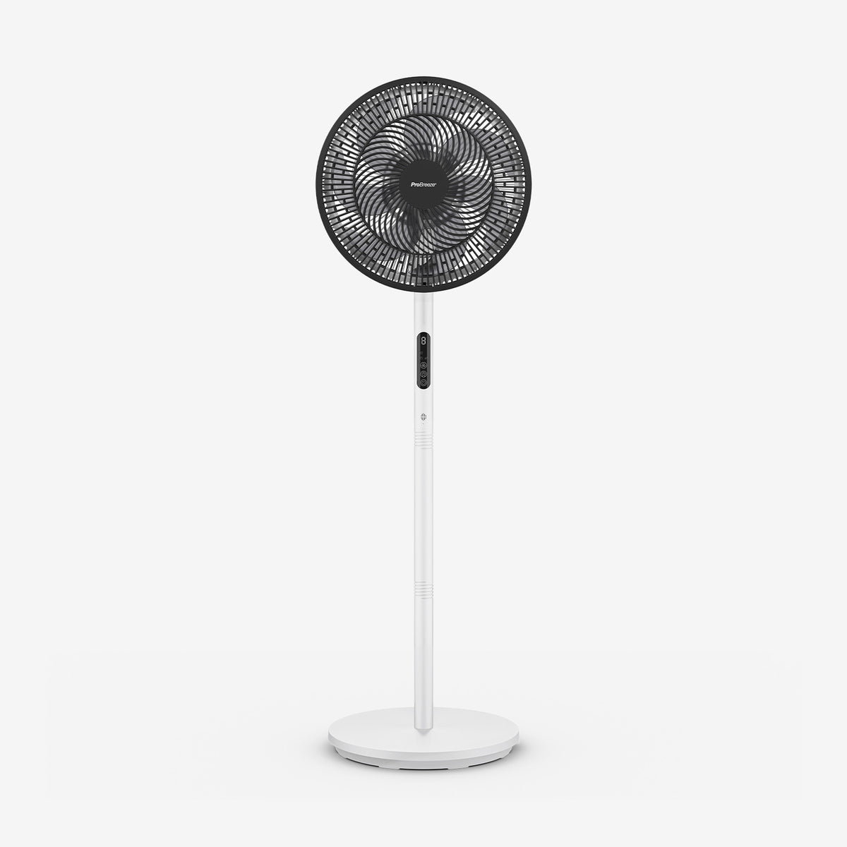 Black and white standing fan on a white background