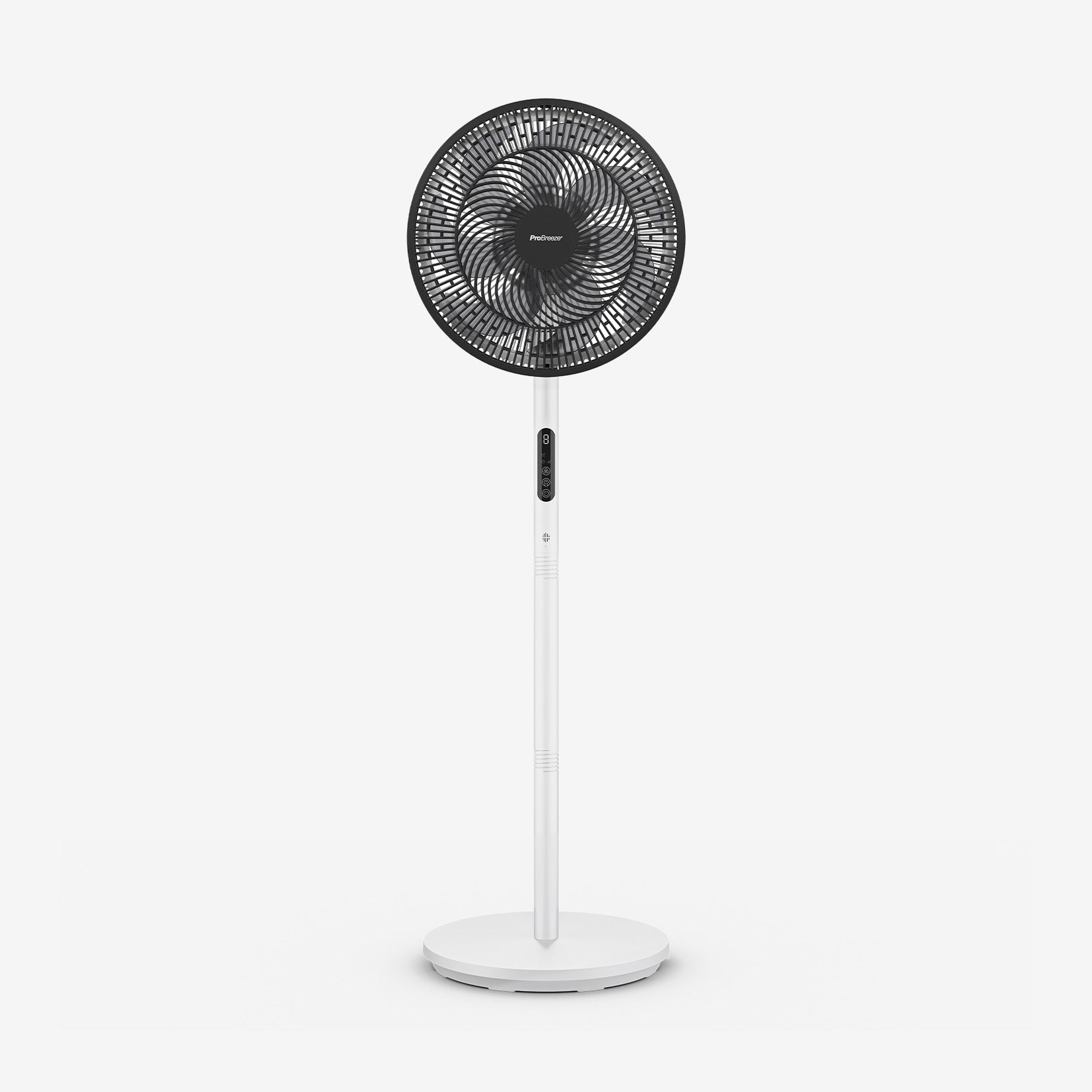 Black and white standing fan on a white background