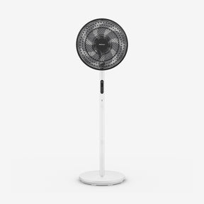 Black and white standing fan on a white background